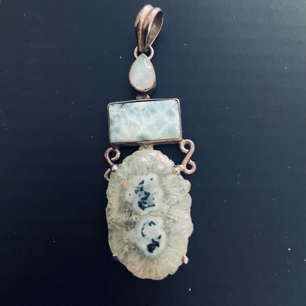 925 Sterling Silver -Larimar- Moonstone Agate Pendant necklace! Handmade 2 inch